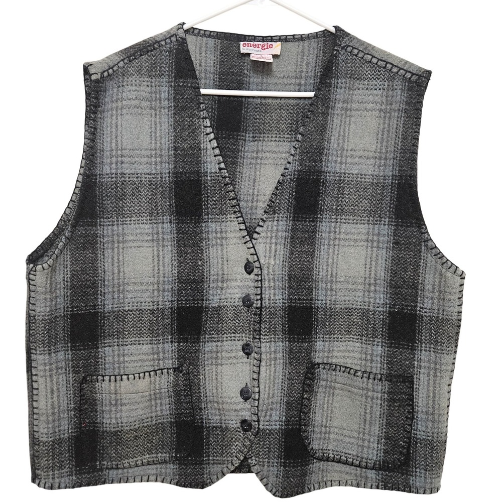 Vintage 90s Energie Plaid Wool Vest Blanket‎ Stitch Eclectic Grandpa Gorpcore L